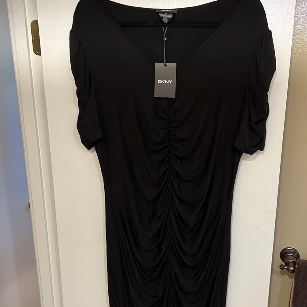 DKNY rouched light weight black midi dress.